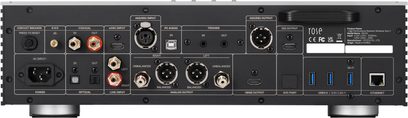 Player audio de rețea Rose RS151 negru, vedere din spate, conectori coaxiali, optici, analogici, USB, Ethernet, HDMI, alimentare