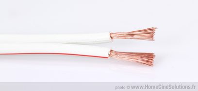 Dva paralelní elektrické vodiče, jeden červený a druhý průhledný, s odkrytými měděnými vlákny na odizolovaných koncích