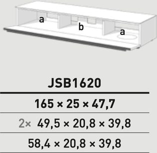 Lavt, rektangulært, hvidt, blankt TV-møbel fra Just By Spectral Bravo JSB1620, 3 rum, dimensioner i cm vist på billedet