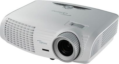 Optoma HD25-LV hvid videoprojektor, set forfra og fra siden, afrundet rektangulær form, forskudt linse