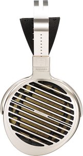 Cască hi-fi deschisă Hifiman Susvara, vedere frontală, grilă metalică circulară pe căști negre, cușcă argintie