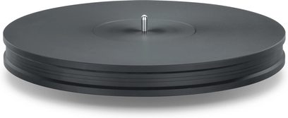 Plato de tocadiscos circular de vinilo negro mate con eje central de metal, vista frontal