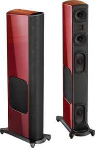 To GoldenEar T66 gulvhøjttalere i rødt og sort, elegant design, højglans lakeret finish, synlige højttalerenheder