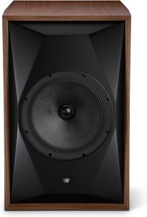 Enceinte bibliothèque Mofi SourcePoint 10 Master Edition noyer face avant avec large haut-parleur noir et pavillon
