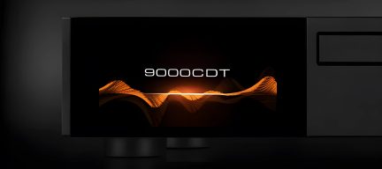 Écran noir affichant "9000CDT" en blanc avec une onde lumineuse orange, deux pieds cylindriques visibles en dessous