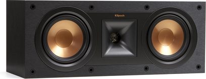 Klipsch R-25C sort centerkanal, frontvisning, 2 gyldne højttalere, sort central diskant, rektangulært mat sort kabinet