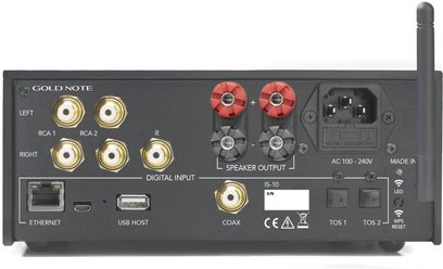 Gold Note IS-10 prata, vista traseira, conectores RCA dourados, saídas de alto-falante vermelhas e pretas, portas Ethernet e USB