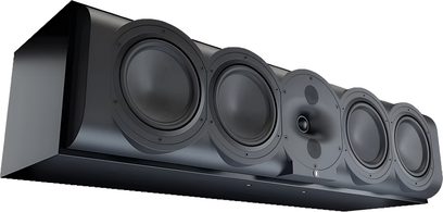 Diffusore centrale Perlisten R7c laccato nero, quattro woofer attorno a un modulo centrale a tre elementi, vista dal basso