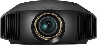 Sony VPL-VW300ES sort videoprojektor, set forfra, centreret linse omgivet af en rund, gylden gitter