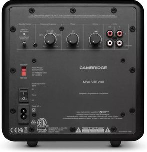 Subwoofer Cambridge Audio MSX Sub 200 černý, pohled zezadu s nastaveními, RCA vstupy a síťovou zásuvkou