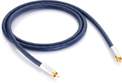 Digitální koaxiální kabel Inakustik Connect 212 Digital RCA 1,5 m, tmavě modrý plášť z měkkého PVC, dva konektory RCA s muži s argentovým tělem a pozlacenými kolíky, celkový pohled na bílém pozadí