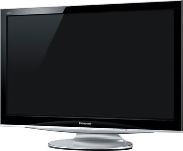 32-tommer Panasonic TX-L32V10 fladskærms-LCD-TV, set forfra, stående på en sølvfarvet, rund fod