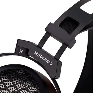 Black Sendy Audio hi-fi headphones close-up of headband and right earcup with open metal grille