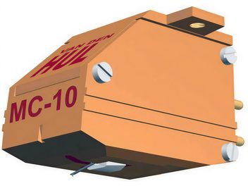 Van den Hul MC-10 Special orange og sort vinylpickup-element, set ovenfra og fra siden, med afrundet rektangulær form