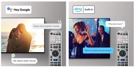 Screenshots of voice assistant user interfaces showing a smiling woman and a dancing couple
