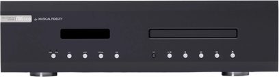 Højkvalitets CD-afspiller M6scd Musical Fidelity sort med rektangulær skærm, CD-slot, 10 runde knapper og 2 cirkulære fødder