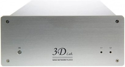 Lettore audio di rete 3D Lab Nano player platinum V5 in alluminio spazzolato, vista frontale, 2 manopole e 2 LED sulla parte anteriore