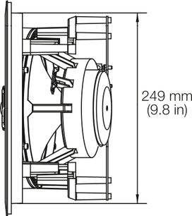 Teknisk diagram over en Bowers & Wilkins CCM818 indbygningshøjttaler til loftet, set i tværsnit, med dimensioner på 249 mm