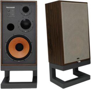 Boekenplank luidspreker Taga Harmony Nostalgic TH-12 walnoot, voor- en zijaanzicht, beige rooster, zwarte voet, 4 luidsprekers