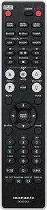 Schwarze Marantz RC001NA-Fernbedienung mit roten, grauen und weißen Tasten zur Steuerung verschiedener Audiofunktionen