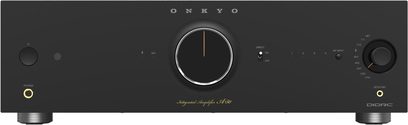 Інтегральний підсилювач Onkyo ICON A-50 у чорному металі, вигляд спереду, велика центральна ручка гучності, роз’єм для навушників, селектор входів