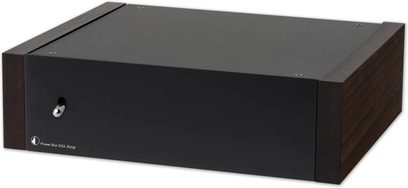 Extern strömförsörjning Pro-Ject Power Box DS2 Amp svart, rektangulärt hölje sett framifrån med sidor i träeffekt