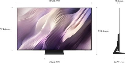 Televisore Samsung TQ65S95H vista frontale e profilo, schermo sottile con bordi neri e piedistallo centrale nero