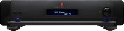 Parasound HALO P7 sort hjemmebiografsforstærker, frontpanel, blå display "SACD Player Vol: 78", knapper og stik
