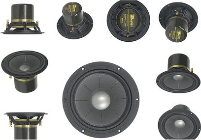 Davis Acoustics MV ONE højtalere i blankt træ, set forfra, fra siden, oppefra og med interne komponenter på hvid baggrund