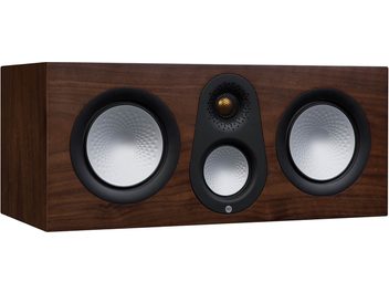 Monitor Audio Silver C250 7G központi hangsugárzó, natúr dió színben, sötét fa előlapján 3 fekete, kör alakú hangszóróval