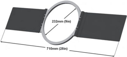 Ritning med mått för en oval metallmonteringssats på 710 mm x 232 mm för inbyggda Cabasse Archipel 17ICD/17ICP/17ICPS-högtalare