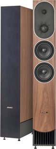 Standlautsprecher PMC Prophecy9 in Nussbaum, dreiwege-Front mit doppeltem Woofer, Hochtöner und frontseitigem Bassreflexkanal mit Lamellen