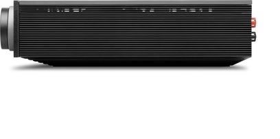 Cambridge Audio Evo 300 integreret stereoforstærker sort med ribber, sidevisning med stor drejeknap og røde sorte terminaler