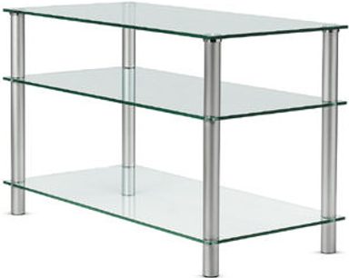 Vogel's BFP290 audio-video møbel i gennemsigtigt glas med 3 hylder, sølvfarvet metalstruktur med 4 cylindriske ben