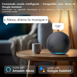 Altavoz inteligente redondo gris sobre mesa de salón, compatible con Amazon Alexa y Google Assistant
