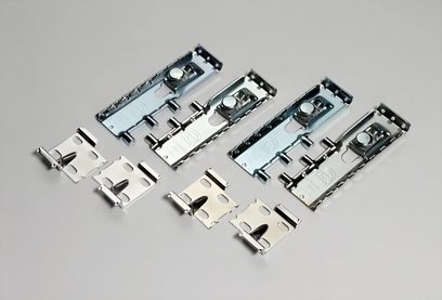 Silver metal hardware, 4 rails and 6 perforated plates, glossy finish, oblique top view
