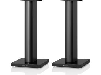 Zwei schwarze Bowers & Wilkins FS 700 S3 Standlautsprecher, von vorne gesehen, mit rechteckiger, vertikaler Form und quadratischer Basis