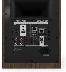 Diffusore Klipsch The Sevens II noce, vista posteriore con pannello di connessioni HDMI, USB, Ethernet e phono