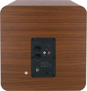 Basenhed Enova HIFI Vela Sub 8A, bagside, sort rektangulært kontrolpanel med knapper, porte og inskriptioner