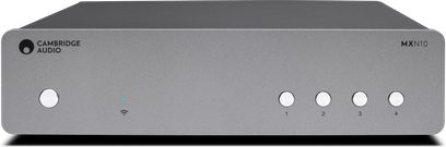 Cambridge Audio MXN10 nettverksmottaker i sølv, frontpanel med 4 knapper, 1 blå LED-lampe, børstet aluminiumsfinish