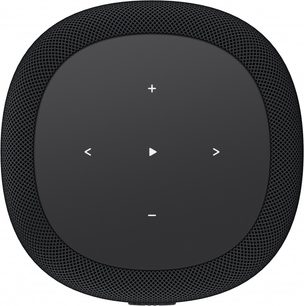 Boxă inteligentă conectată WiiM Sound Lite neagră, vedere de sus, suprafață tactilă cu comenzi + - redare și schimbare de piste