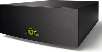 Naim Audio NAP 100 sort effektforstærker, frontvisning, lysende grønt logo nederst til højre