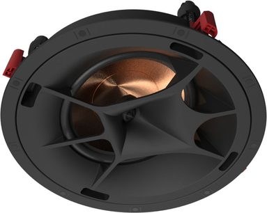 Czarna i czerwona okrągła głośnik instalacyjna Klipsch PRO-180-RPC LCR, widok z przodu, czarna maskownica, złocona kopułka wysokotonowa na środku