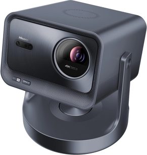 Hisense C2 Ultra -videoprojektori, kolmen neljänneksen näkymä, harmaa suorakulmainen kotelo, pyöreä linssi, kääntyvä tuki