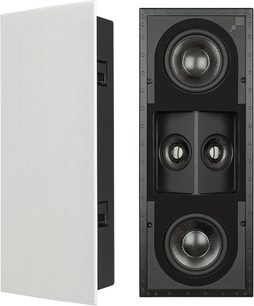 Altavoz empotrable de pared Sonance R1SUR, vista frontal abierta, con 3 altavoces redondos negros en una caja rectangular metálica gris