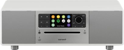 Witte hoogglans Sonoro Prestige tafelradio - zilver, vooraanzicht, kleurenscherm, bedieningsknoppen en draaiknoppen, luidsprekers