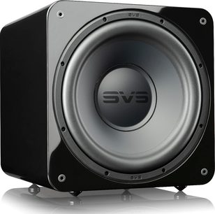 SVS SB-1000 PRO sort lakeret baskabinettet, set forfra, kubisk form, central rund højttaler, SVS-logo
