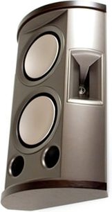 Klipsch P-27S espresso højttaler, set forfra, afrundet form, to ovale højttalere, central diskant, mørk træfinish