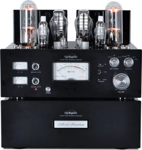 Stereo hi-fi forstærker Line Magnetic LM-845 Premium, set forfra, 4 vakuumrør, analoge skalaer, knapper og stik på sort frontpanel
