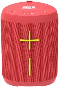 Bluetooth-højttaler Yourban Getone 20 rød, set forfra, cylindrisk form, rødt stof, hvide knapper, gule symboler